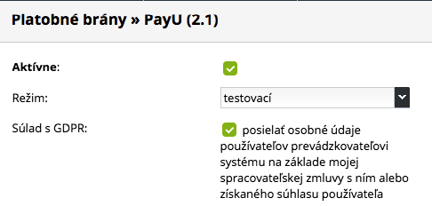 testovací režim PayU